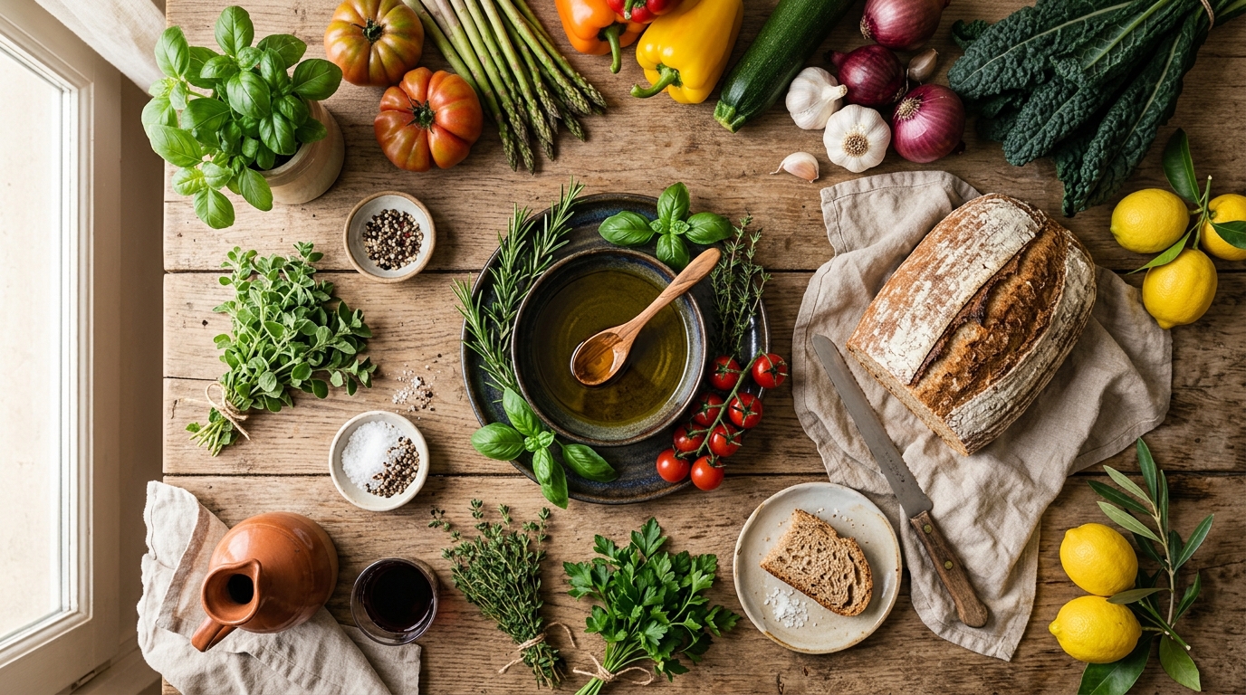 Tavola italiana con verdure fresche di stagione e olio extravergine d'oliva