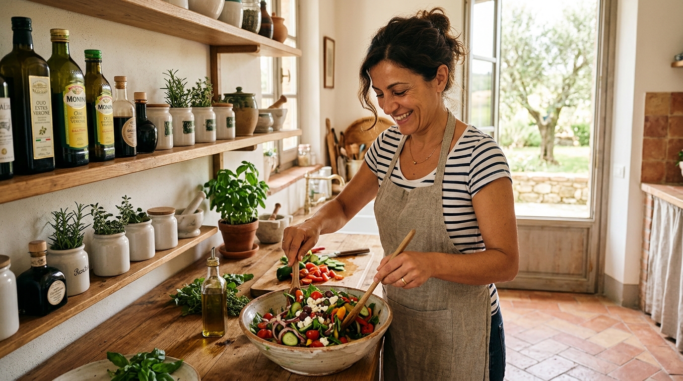 Donna italiana sorridente prepara un'insalata colorata in cucina