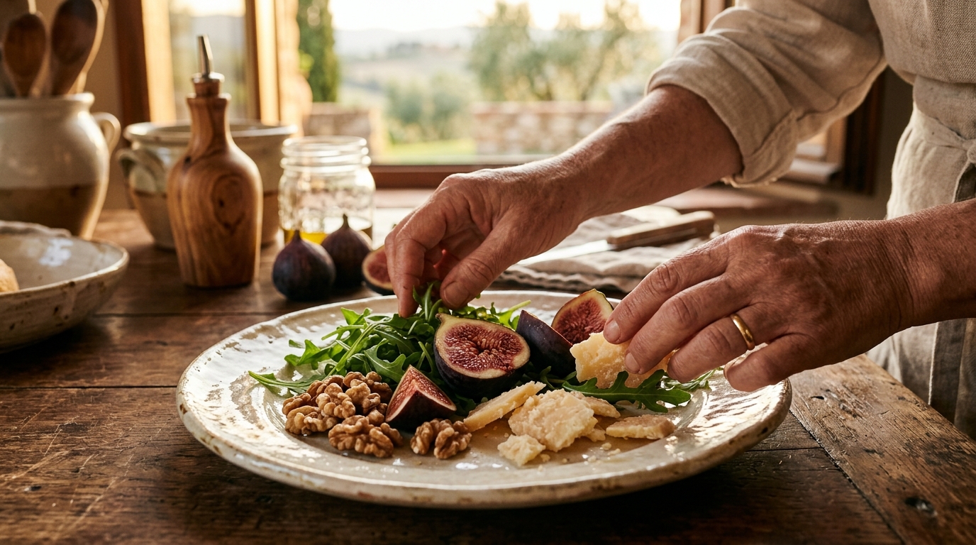 Mani che dispongono fichi freschi, noci e formaggio su un piatto di ceramica artigianale